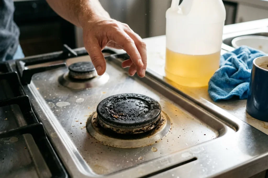 Waarom je gasfornuis nooit echt schoon wordt (totdat je dit literflesje uit de voorraadkast pakt)